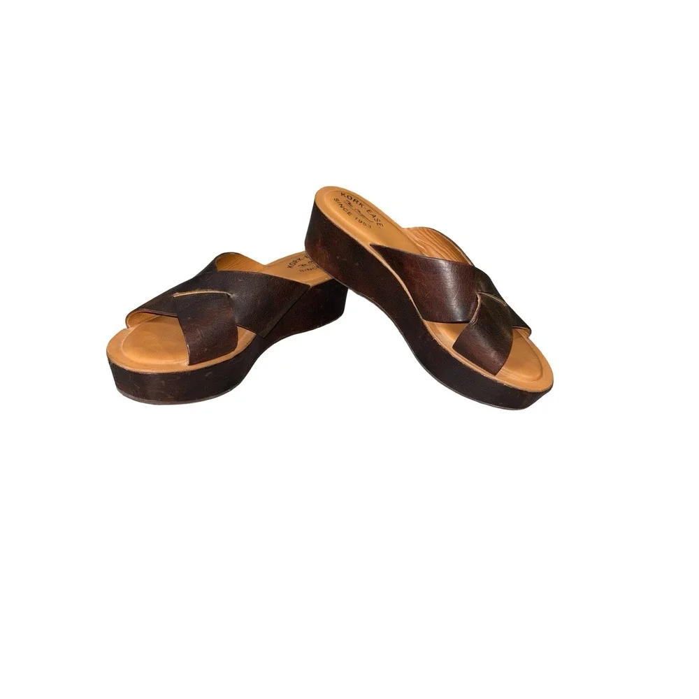 Kork-Ease Womens Size 10 Brown Leather Platform Wedge Slide Sandals K16223
